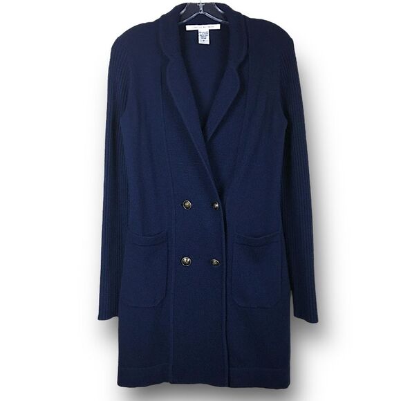 Diane Von Furstenburg 100% Cashmere Double Breasted Long Cardigan-Coat Navy Sz P - Picture 5 of 12